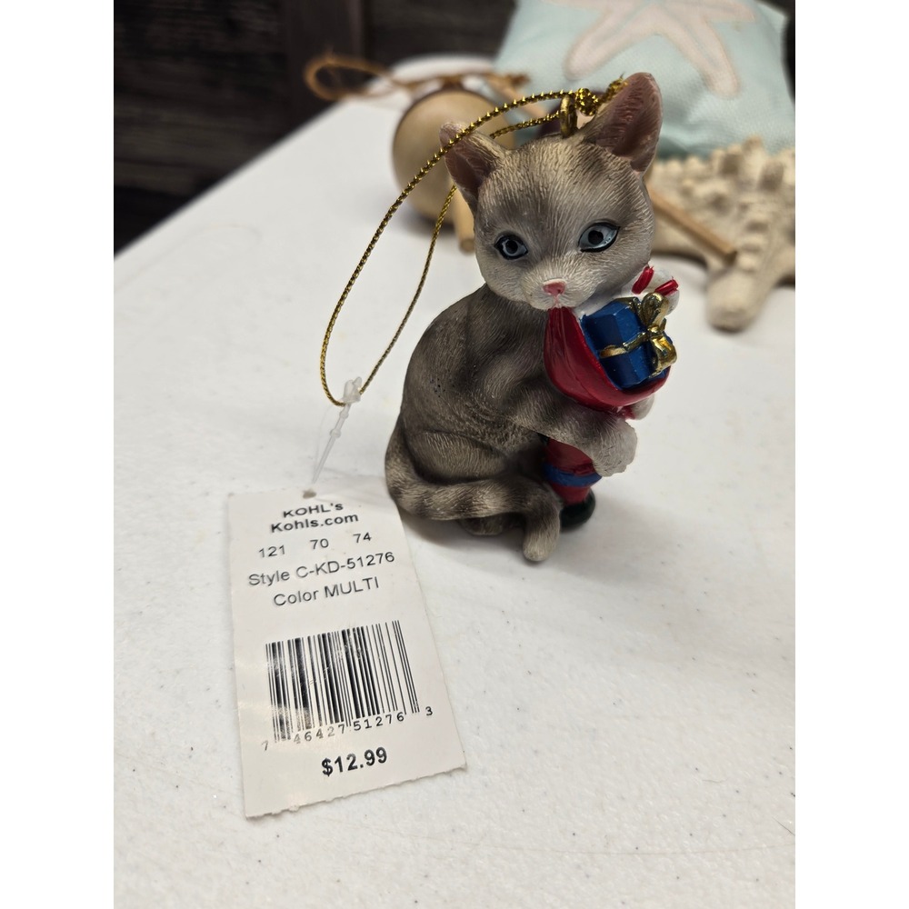 Kohls Christmas Ornament Grey Tabby Cat Kitten Stocking Gift C-KD-51276 NWT
